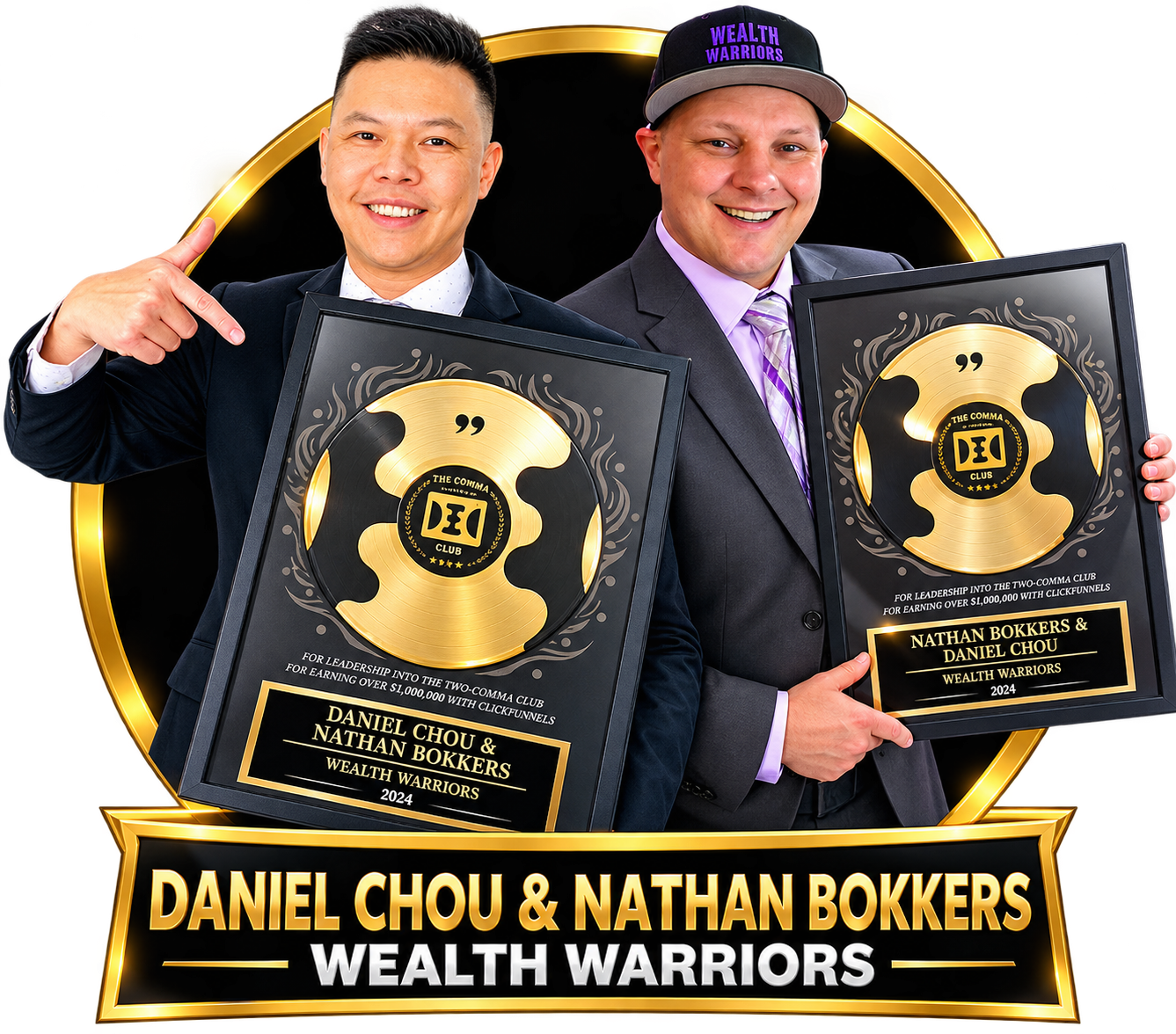 Daniel Chou and Nathan Bokkers of AI Business Builder holding their Two Comma Club awards